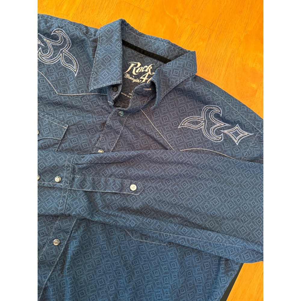 Rock 47 by Wrangler Mens XXL Blue Geometric Embroidered Western Pearl Snap Shirt